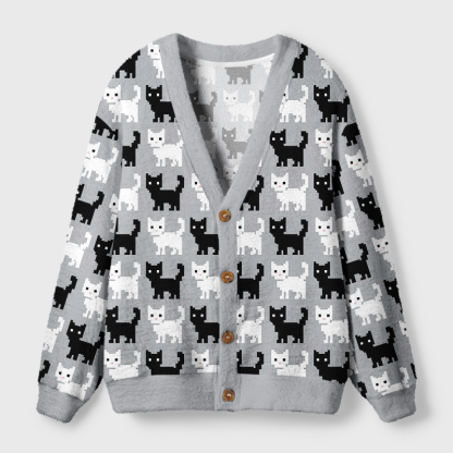 Tokyo-Tiger Retro Pixel Black White Cat Ugly Cardigan Sweater