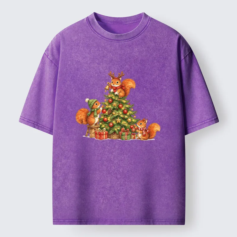 Tokyo‑Tiger Cute Squirrels Decorating Christmas Tree Washed T‑Shirt Sale