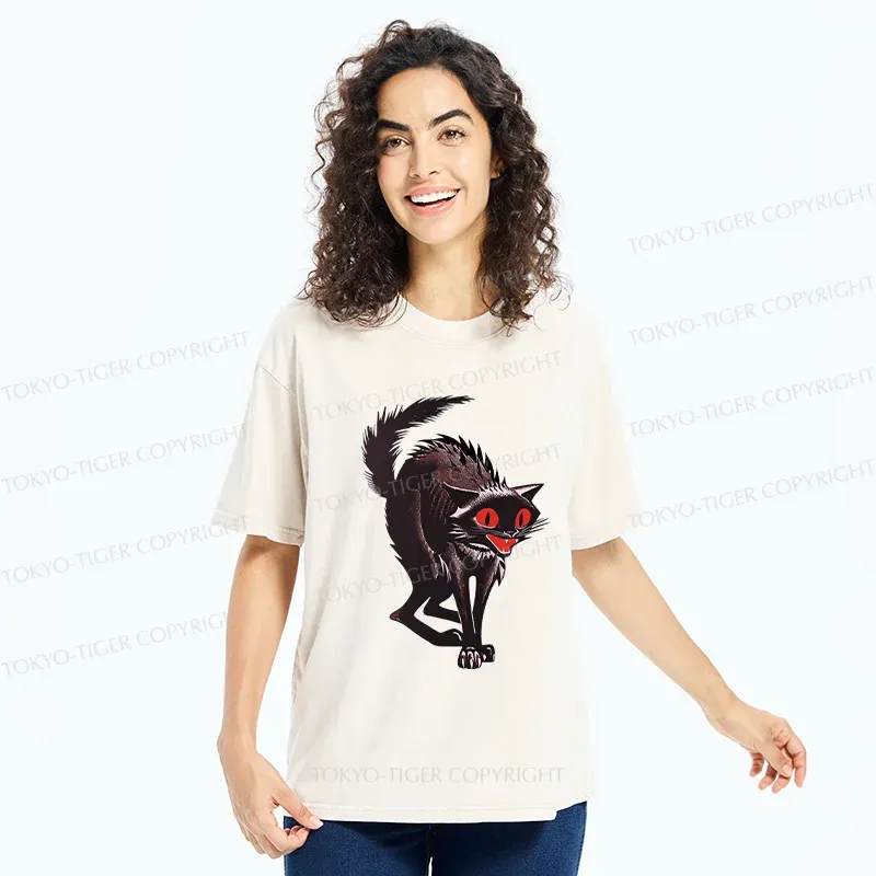 Tokyo-Tiger Halloween Scary Black Cat Washed T-Shirt