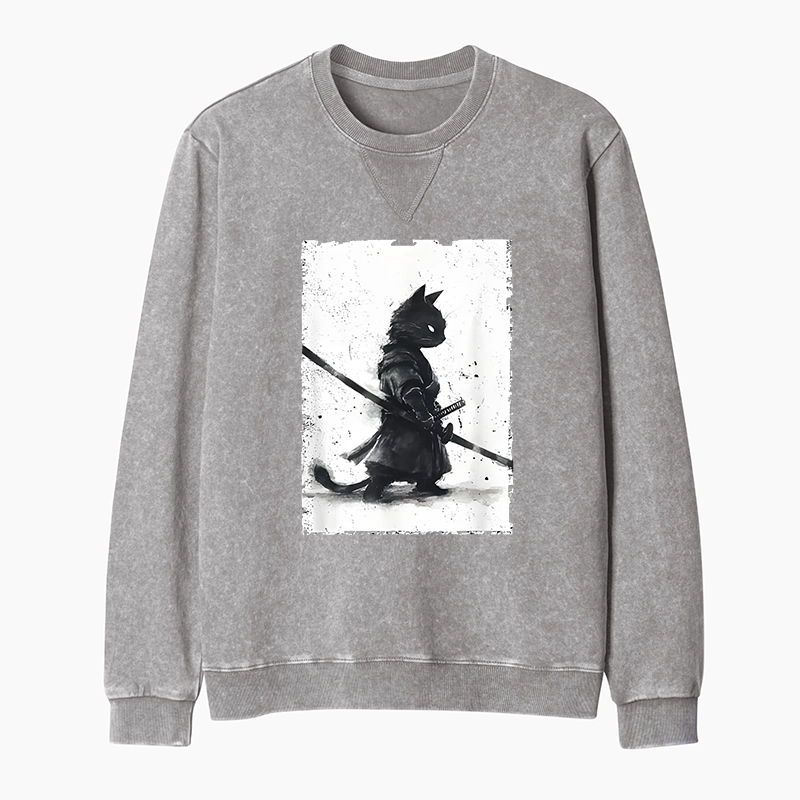 Tokyo-Tiger Retro Cat Samurai Japanese Washed Terry Sweatshirt
