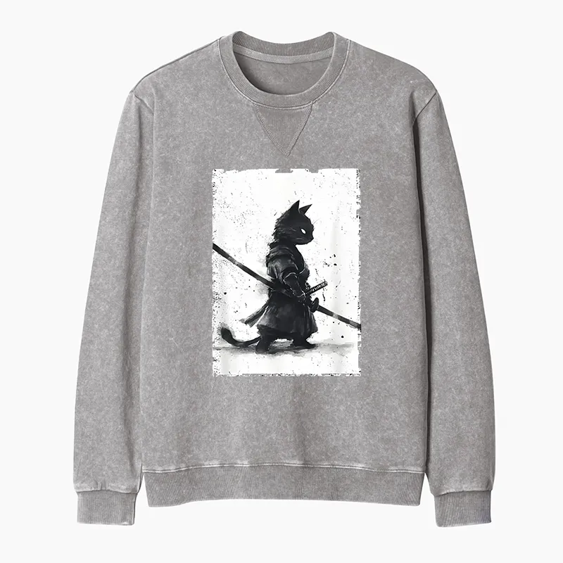 Tokyo-Tiger Retro Cat Samurai Japanese Washed Terry Sweatshirt