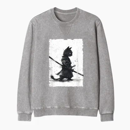 Tokyo-Tiger Retro Cat Samurai Japanese Washed Terry Sweatshirt