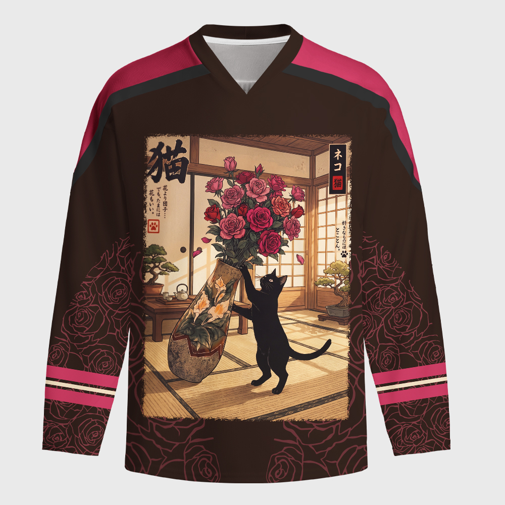Tokyo-Tiger Ukiyo-e Black Cat Rose Long-Sleeve Hockey Jersey