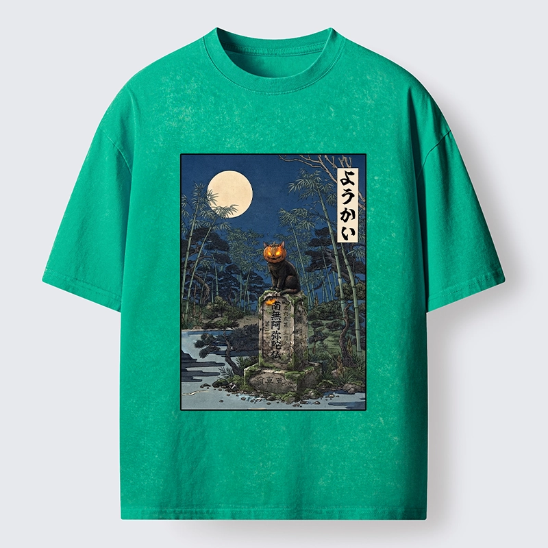 Tokyo‑Tiger Funny Ghost Cat Washed T‑Shirt