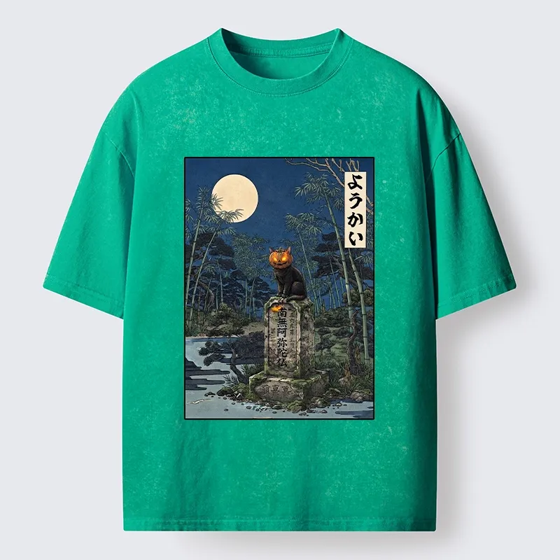 Tokyo‑Tiger Funny Ghost Cat Washed T‑Shirt
