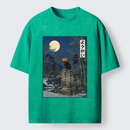 Tokyo‑Tiger Funny Ghost Cat Washed T‑Shirt