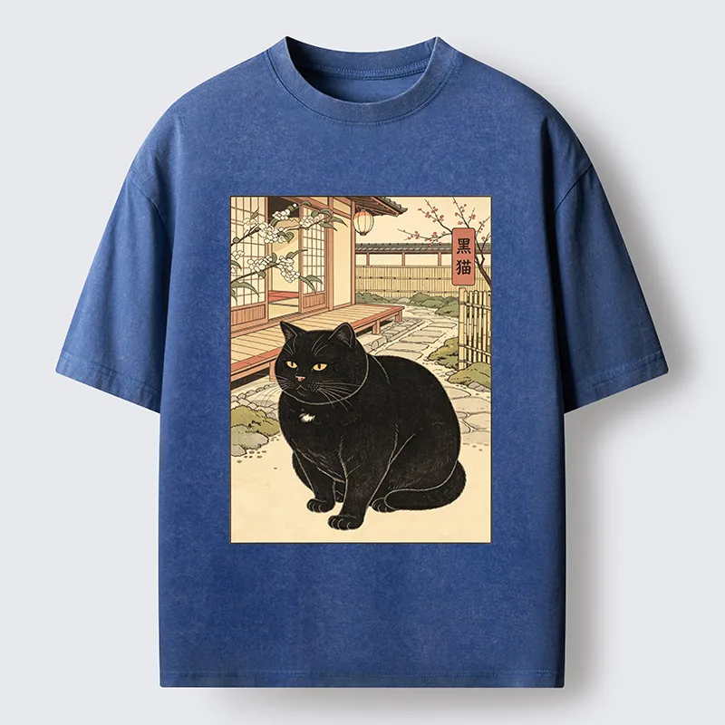 Tokyo‑Tiger Fat Cat In The Yard Washed T‑Shirt