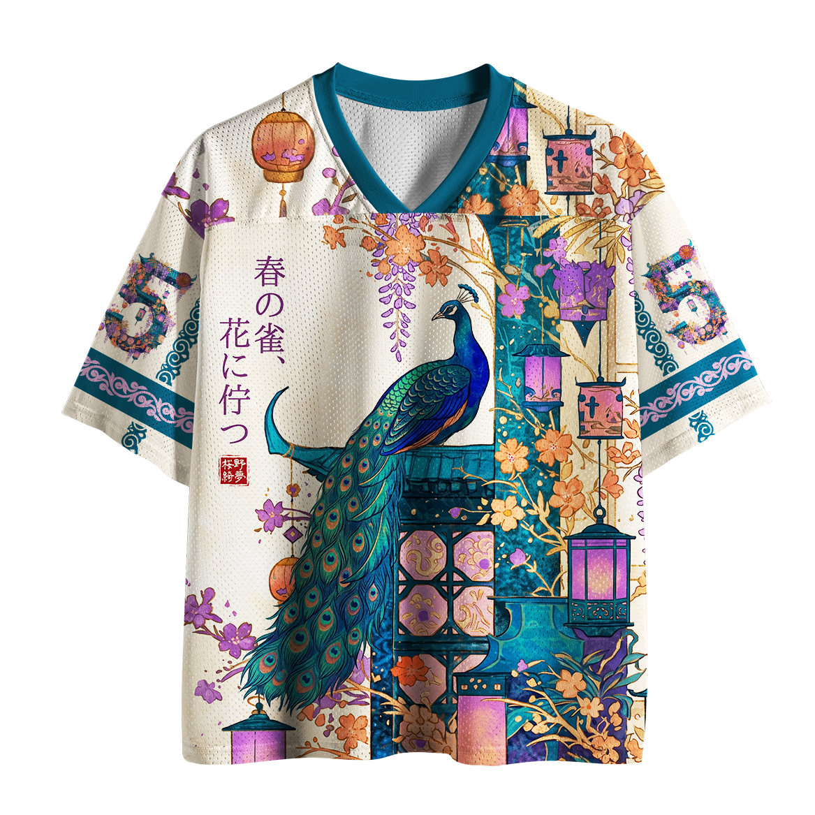 Tokyo-Tiger Ukiyo-e Peacock Wisteria Spring Floral Mesh Jersey