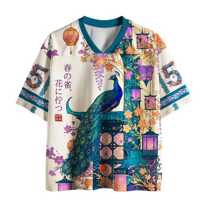 Tokyo-Tiger Ukiyo-e Peacock Wisteria Spring Floral Mesh Jersey