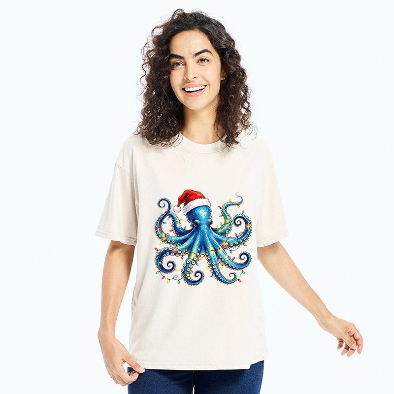 Tokyo‑Tiger Christmas Octopus Lights Washed T‑Shirt