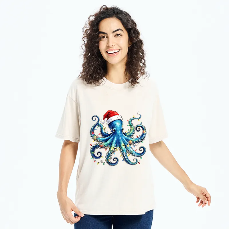 Tokyo‑Tiger Christmas Octopus Lights Washed T‑Shirt
