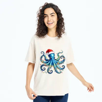 Tokyo‑Tiger Christmas Octopus Lights Washed T‑Shirt