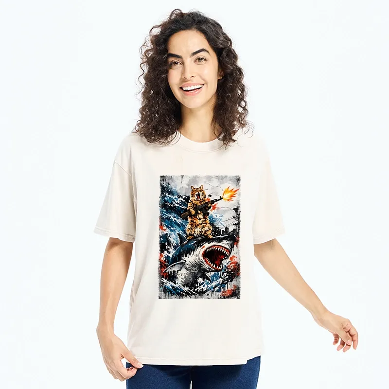 Tokyo-Tiger Cat Riding A Shark With A Gun Washed T-Shirt
