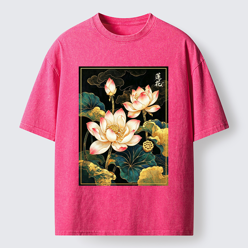 Tokyo-Tiger Oriental Lotus Print Washed T-Shirt