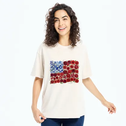Tokyo-Tiger Floral American Flag Watercolor Art Washed T-Shirt
