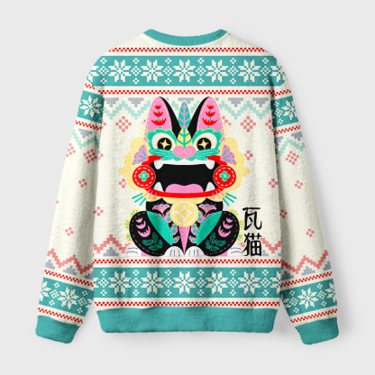 Tokyo-Tiger Lucky Tile Cat Fuzzy Christmas Ugly Sweatshirt