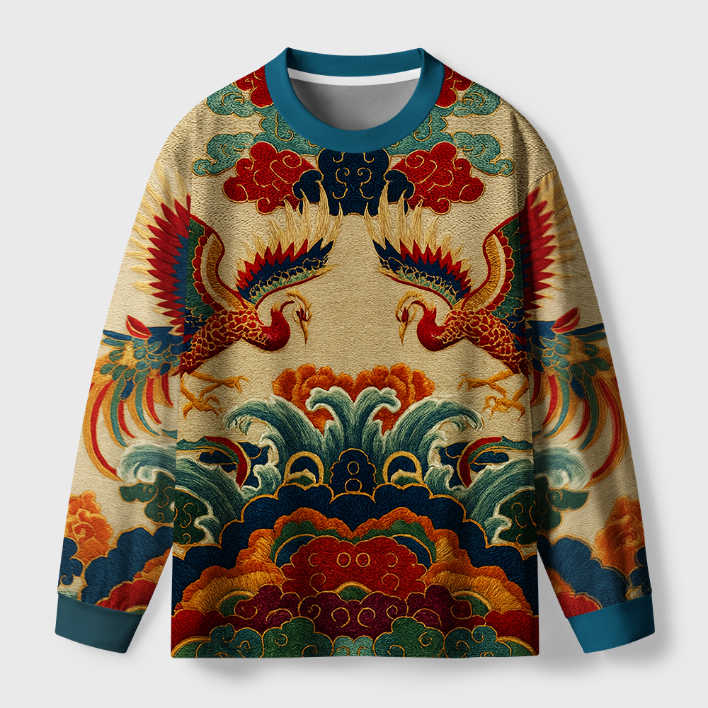 Tokyo-Tiger Vermilion Phoenixes in Brocade Skies Eco-Friendly Long Sleeve T-Shirt