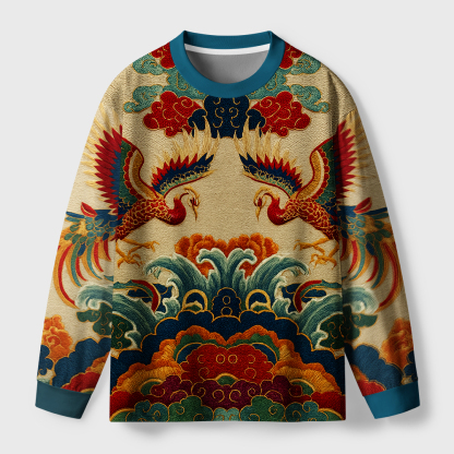 Tokyo-Tiger Vermilion Phoenixes in Brocade Skies Eco-Friendly Long Sleeve T-Shirt