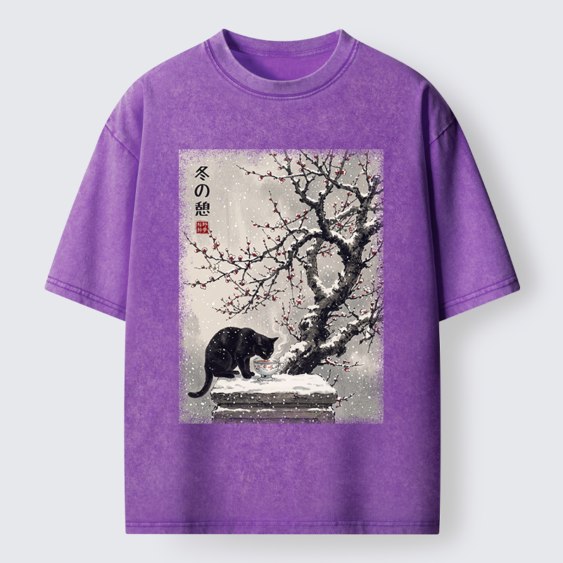 Tokyo‑Tiger Snow Cat Calm Vibes Washed T-Shirt