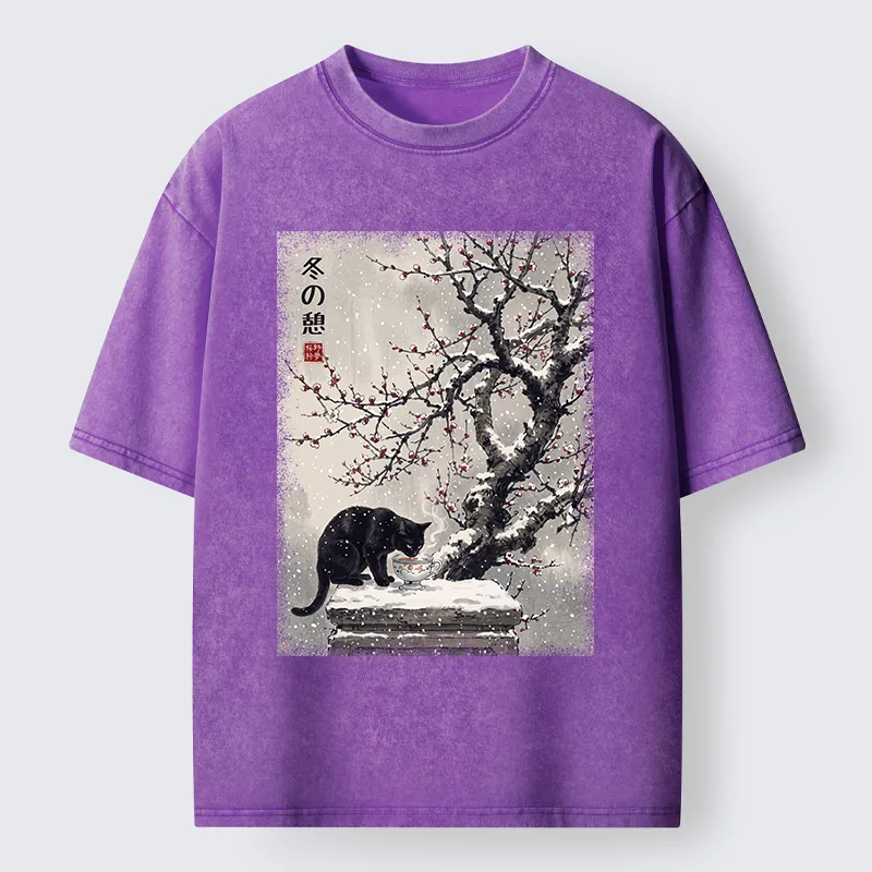 Tokyo‑Tiger Snow Cat Calm Vibes Washed T-Shirt