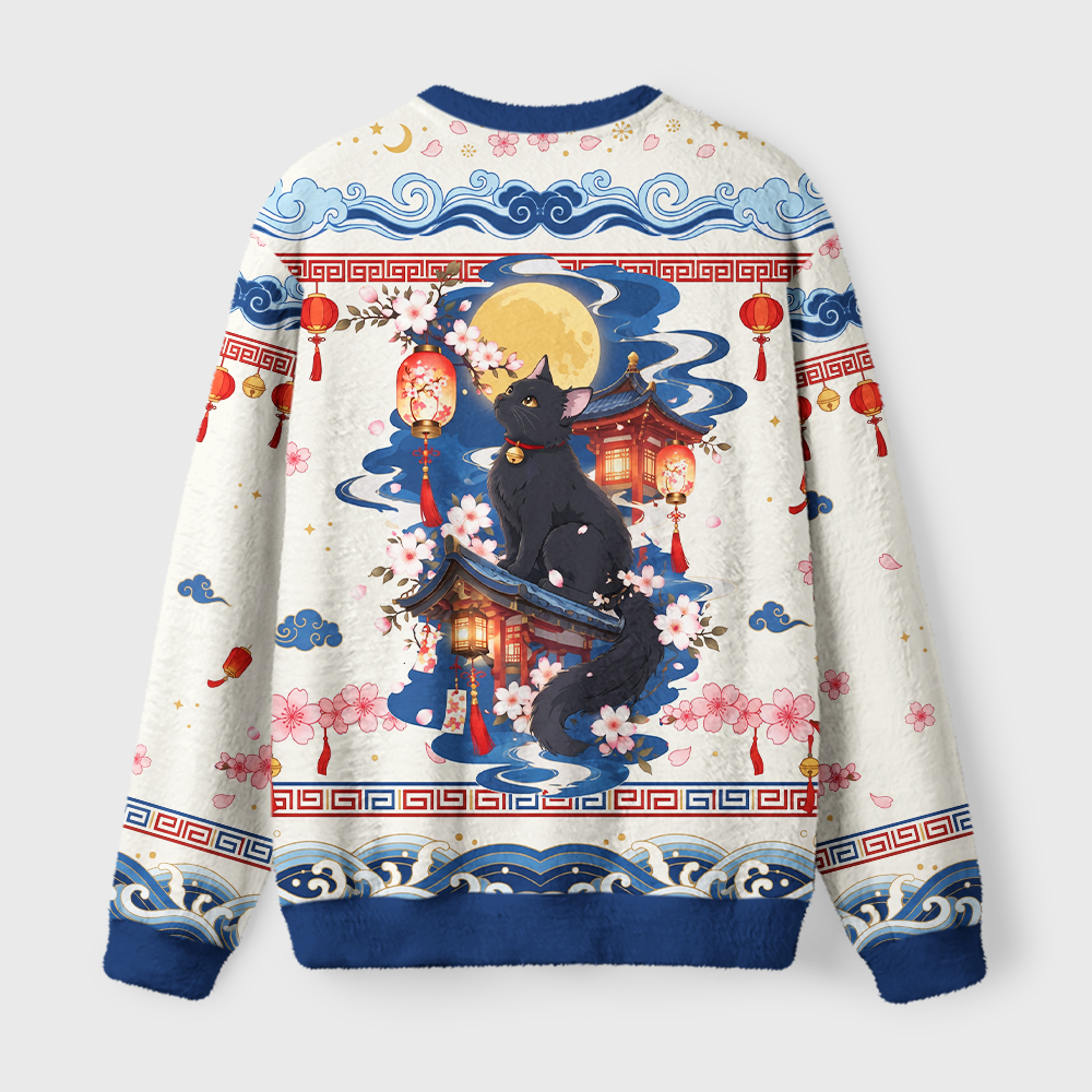 Tokyo-Tiger Japanese Moonlit Sakura Cat Fuzzy Christmas Ugly Sweatshirt