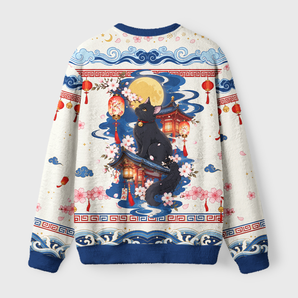 Tokyo-Tiger Japanese Moonlit Sakura Cat Fuzzy Christmas Ugly Sweatshirt