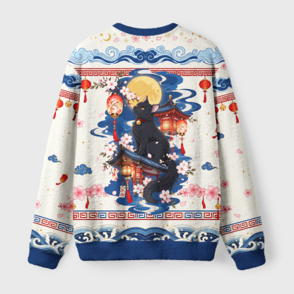 Tokyo-Tiger Japanese Moonlit Sakura Cat Fuzzy Christmas Ugly Sweatshirt