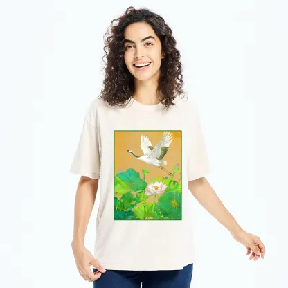 Tokyo-Tiger Crane Flying Over Lotus Art Washed T-Shirt