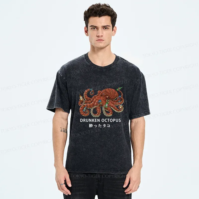 Tokyo-Tiger Drinking Octopus Washed T-Shirt