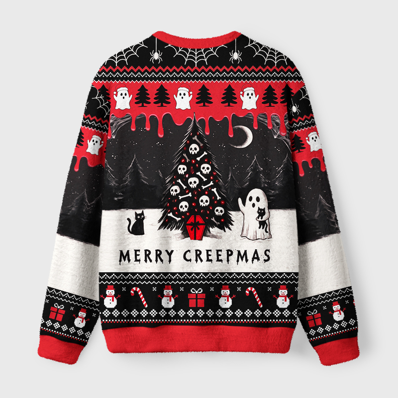Tokyo-Tiger Cat And Ghostly Skull Christmas Tree Fuzzy Christmas Ugly Sweatshirt