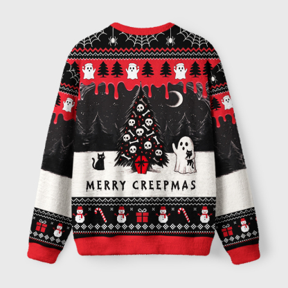 Tokyo-Tiger Cat And Ghostly Skull Christmas Tree Fuzzy Christmas Ugly Sweatshirt