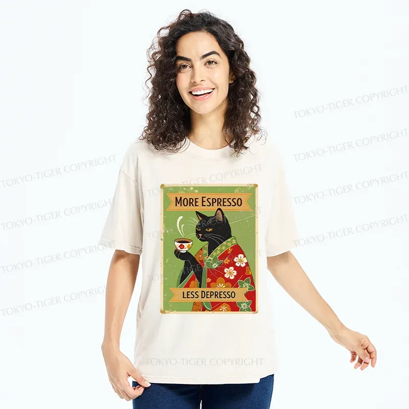 Tokyo-Tiger Cute Black Cat Drinking Coffee Washed T-Shirt