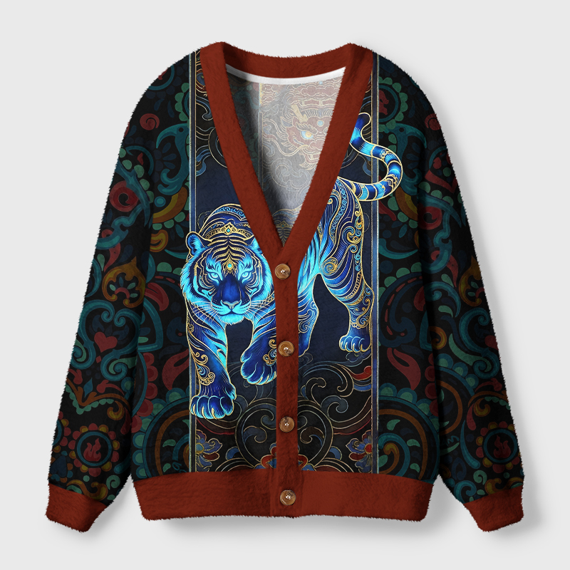 Tokyo-Tiger Vintage East Asian Art Tiger Motif Ugly Cardigan Sweater