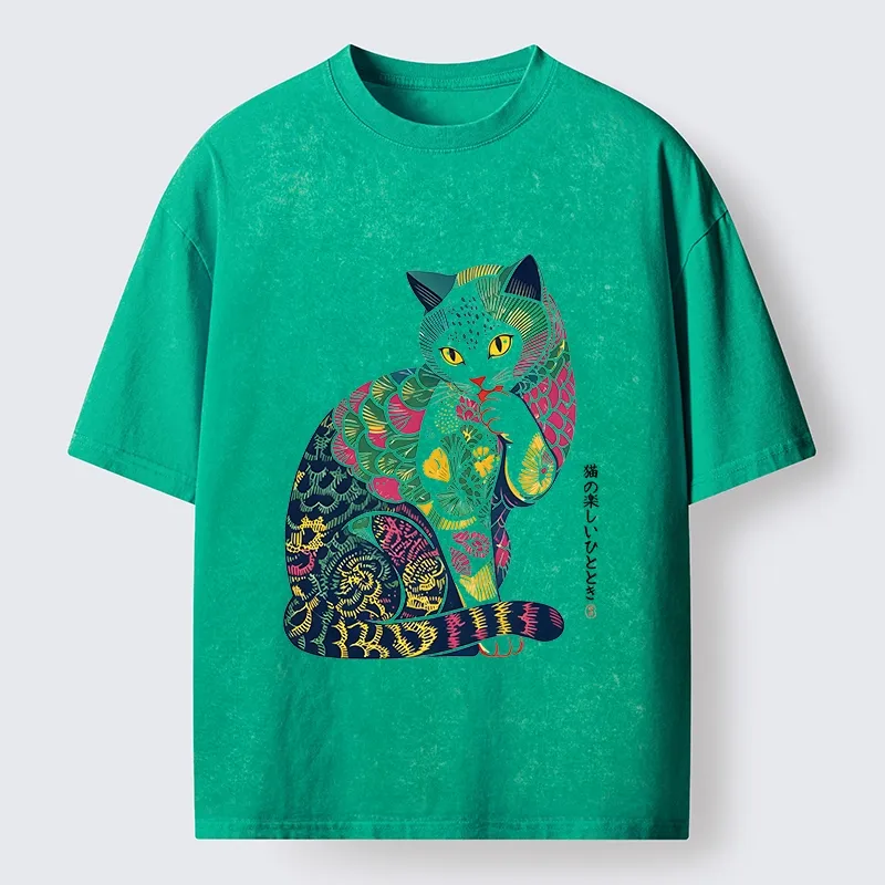 Tokyo‑Tiger Colorful Japanese Cat Washed T‑Shirt