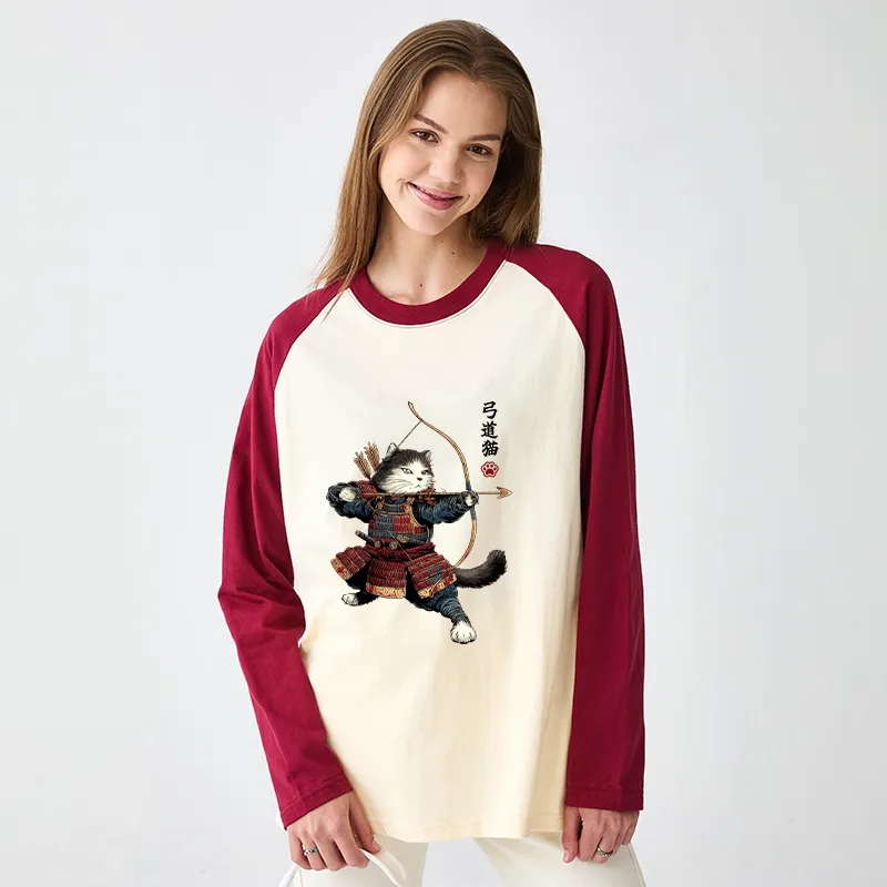 Tokyo-Tiger Kyudo Samurai Cat Raglan Long Sleeve T-shirt