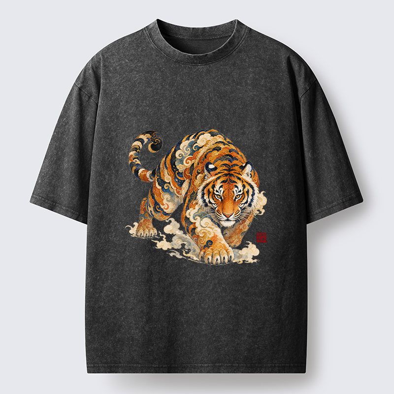 Tokyo-Tiger Vintage Cloud Tiger Print Washed T-Shirt