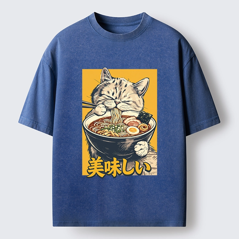 Tokyo‑Tiger Cat Eat Ramen Washed T‑Shirt