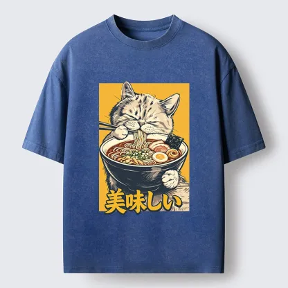 Tokyo‑Tiger Cat Eat Ramen Washed T‑Shirt