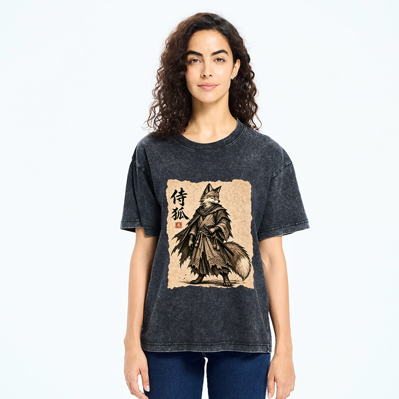 Tokyo-Tiger Vintage Samurai Fox Art Washed T-Shirt