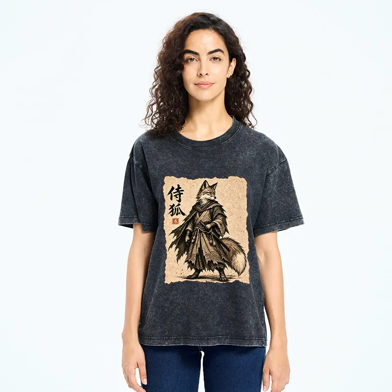 Tokyo-Tiger Vintage Samurai Fox Art Washed T-Shirt
