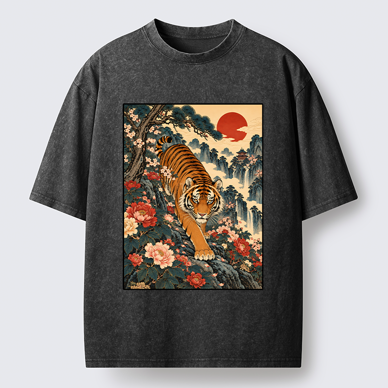Tokyo-Tiger Vintage Ukiyo Wild Tiger Floral Graphic Washed T-Shirt