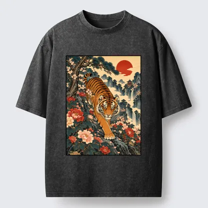 Tokyo-Tiger Vintage Ukiyo Wild Tiger Floral Graphic Washed T-Shirt