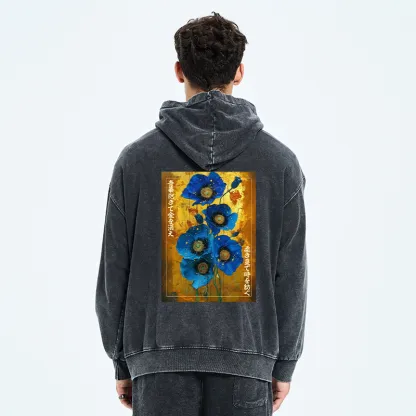 Tokyo-Tiger Shiny Blue Flower Warm Golden Background Washed Zip Hoodie