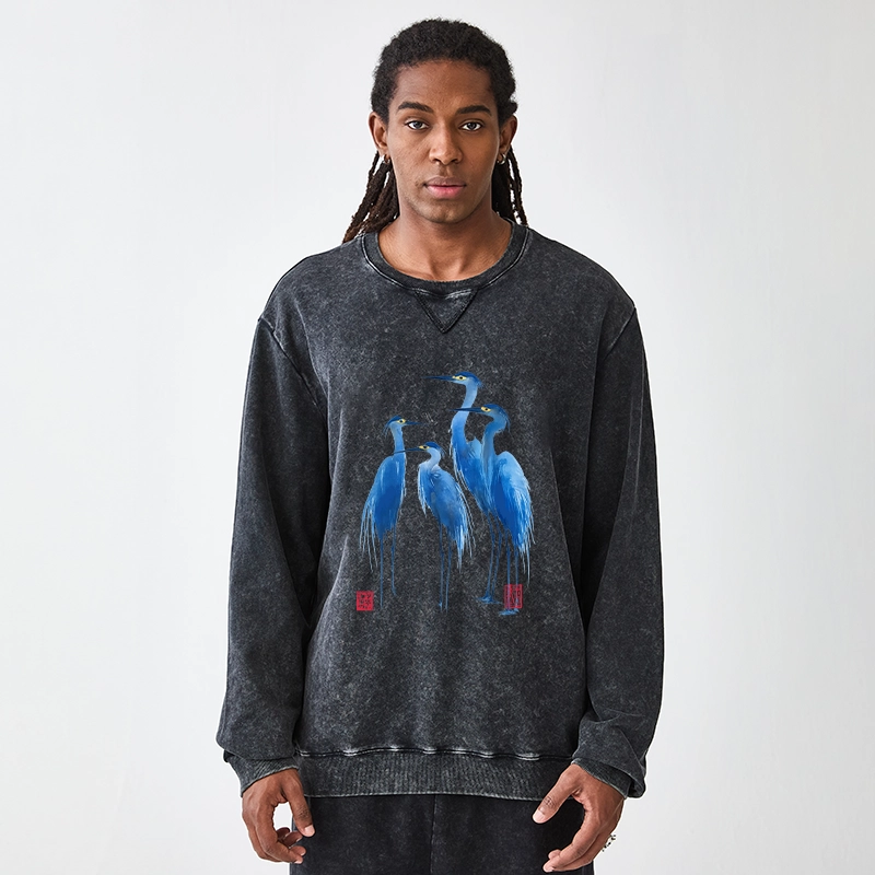 Tokyo-Tiger Flocks Of Great Blue Herons Washed Terry Sweatshirt