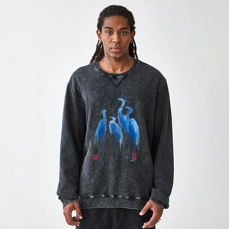 Tokyo-Tiger Flocks Of Great Blue Herons Washed Terry Sweatshirt