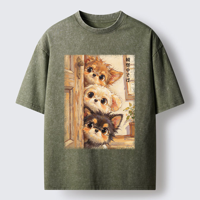 Tokyo-Tiger Puppies Are Peeking At You Washed T-Shirt