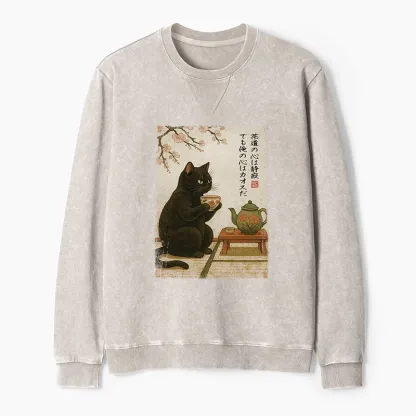 Tokyo-Tiger Tea Time With A Black Cat Washed Terry Sweatshirt