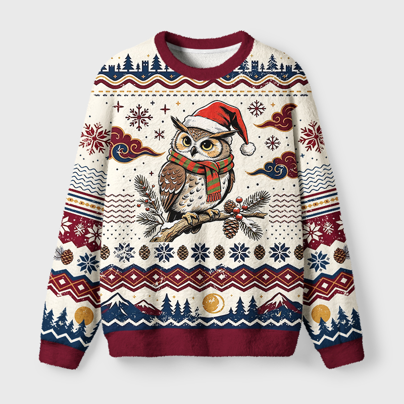 Tokyo-Tiger Cute Christmas Owl Fuzzy Christmas Ugly Sweatshirt