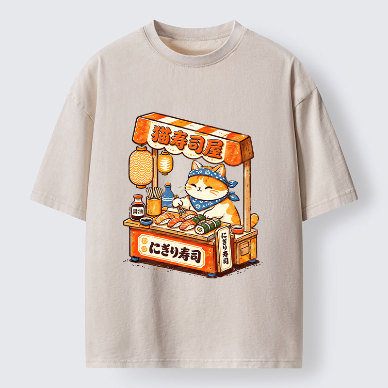 Tokyo-Tiger Cute Cat Running A Sushi Stall Washed T-Shirt