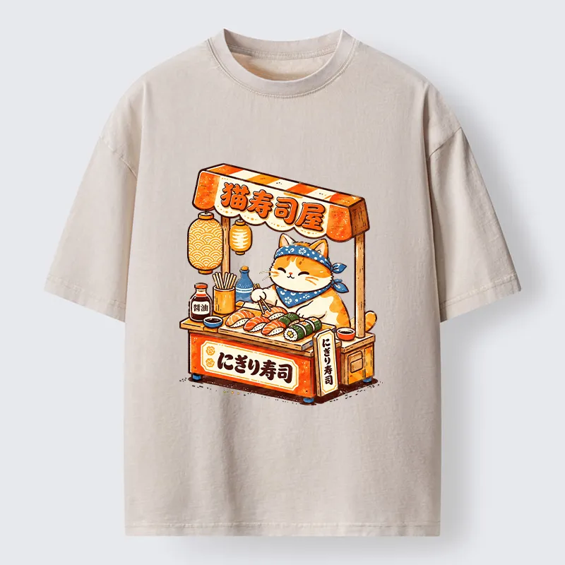 Tokyo‑Tiger Cute Cat Running A Sushi Stall Washed T‑Shirt Sale